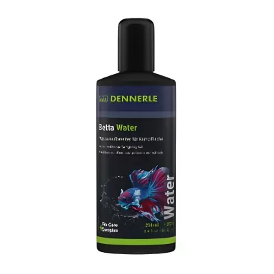 Frasco plástico preto de Betta Water Dennerle com peixe betta colorido no rótulo