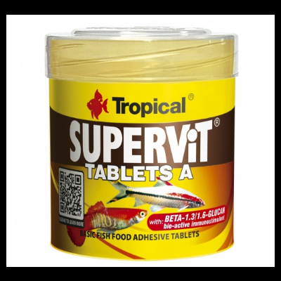 Frasco plástico amarelo e castanho com rótulo de suplemento para peixes e tampa transparente