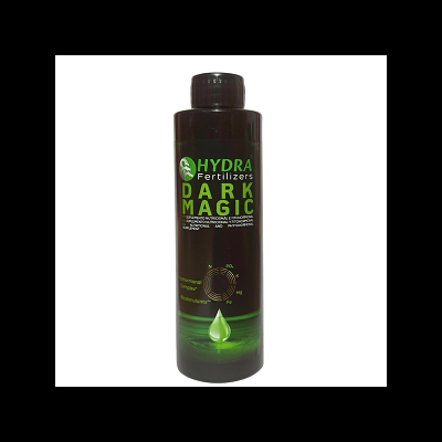 frasco preto de fertilizante Hydra Fertilizers DARK MAGIC com rótulo verde