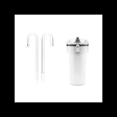 Filtro de água branco com tampa cinza escuro e duas hastes transparentes