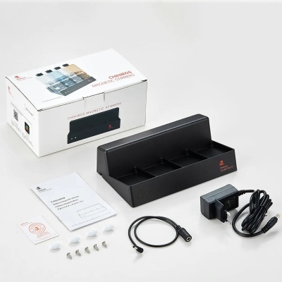 Conjunto Chihiros Magnetic Stirrers com base preta, acessórios e embalagem