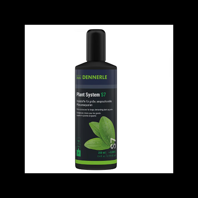 Garrafas de fertilizante líquido Dennerle Plant System S7 com rótulo verde e preto