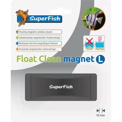 Limpa vidros magnético flutuante SuperFish com embalagem branca e ilustração de peixe.