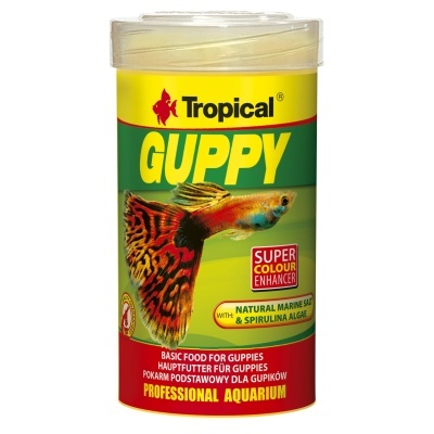 Embalagem de alimento para peixes Guppy da marca Tropical com tampa translúcida.