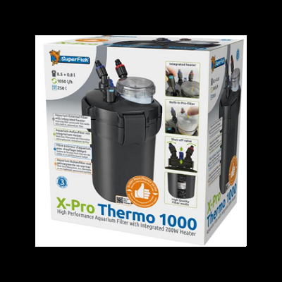 Caixa do filtro para aquário SuperFish X-Pro Thermo 1000 preto com informações técnicas