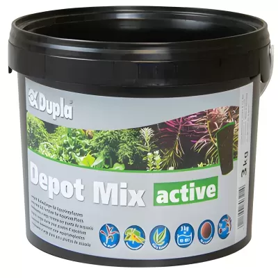 Recipiente preto com etiqueta branca e verde Depot Mix active da Dupla com imagens de plantas aquáticas