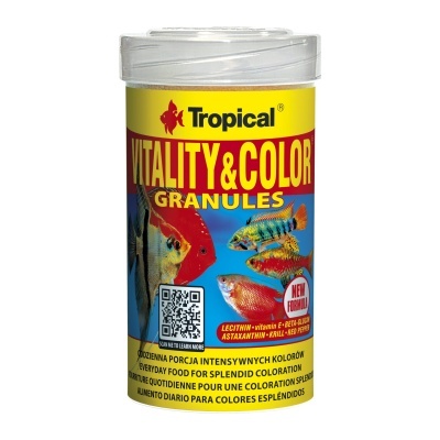 Frasco de grânulos para alimento de peixes tropicais com rótulo amarelo e vermelho