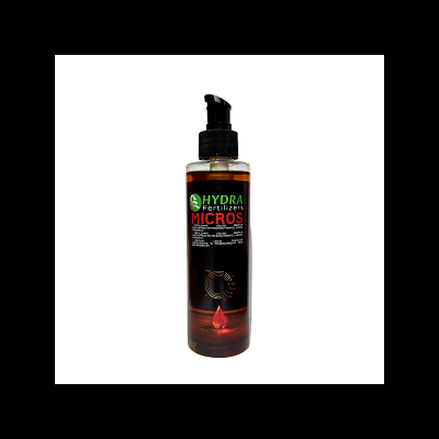 Frasco preto com tampa doseadora e rótulo colorido de fertilizante líquido HYDRA Fertilizers MICROS