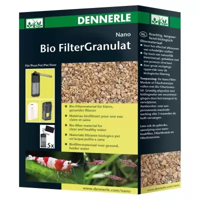 Embalagem Bio FilterGranulat Nano Dennerle com grânulos e imagens de peixes