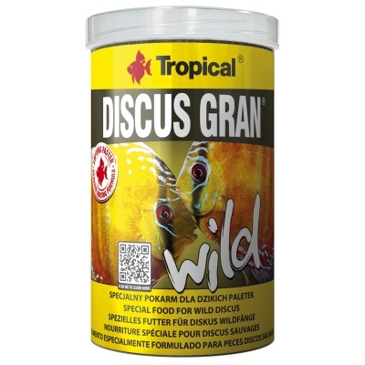 Recipiente com alimento para peixes Discus Gran da Tropical com imagem de peixes-discos