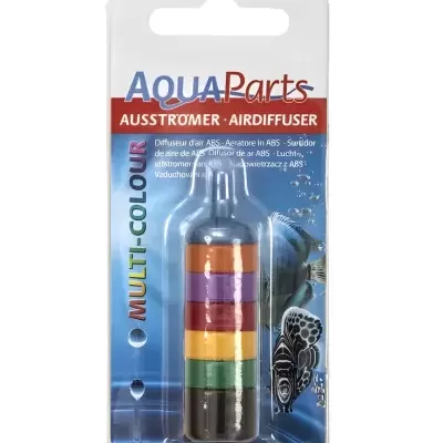 Difusor de ar multicolorido para aquário numa embalagem com design azul com peixes e bolhas