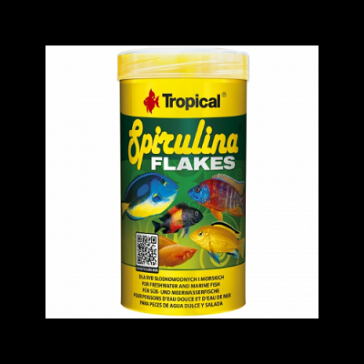 Embalagem de flocos de Spirulina da marca Tropical com imagens de peixes coloridos