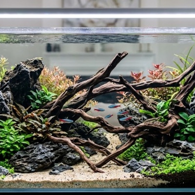 Aquário decorativo com peixes, troncos, pedras e plantas aquáticas