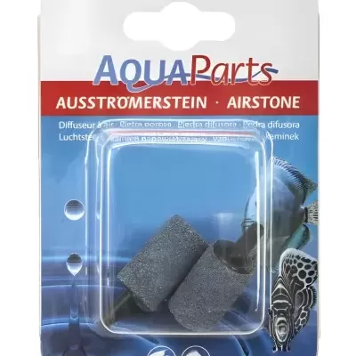 Bocal difusor de ar AquaParts com pedras difusoras cinzentas e embalagem azul com peixes
