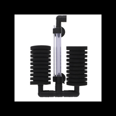 Filtro de aquário com esponjas pretas e tubo transparente