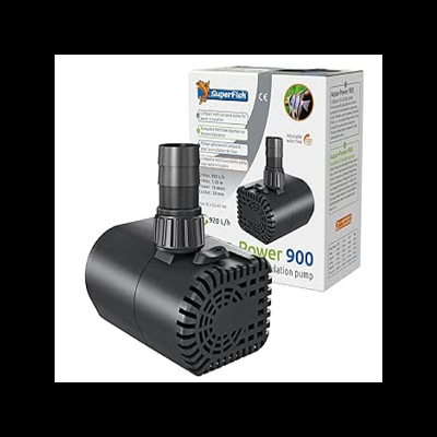 Bomba de circulação aquática preta Power 900 com caixa de embalagem branca ao fundo