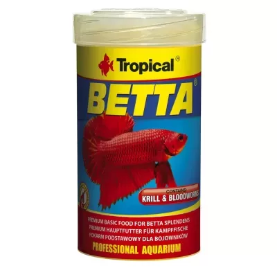 Embalagem de alimento para peixe Betta Tropical com peixe Betta vermelho na frente