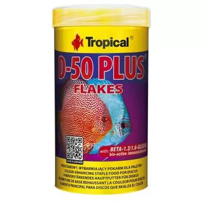 Embalagem de alimento para peixes tropical D-50 PLUS FLAKES com imagens de peixes e texto