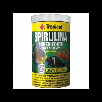 Embalagem de suplemento Spirulina Super Forte Granulat da Tropical com imagens de peixes
