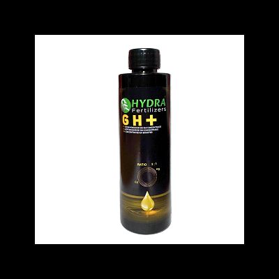 Frasco preto de fertilizante Hydra GH+ com texto e imagem de gota dourada