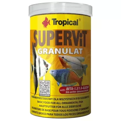 Recipiente amarelo de plástico com rótulo para ração de peixes ornamentais Tropical SUPERVIT GRANULAT.