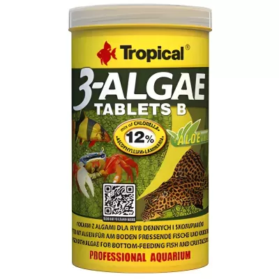 Embalagem amarela e verde de ração Tropical 3-ALGAE TABLETS B para aquário