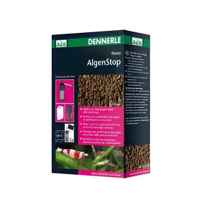 Embalagem do produto DENNERLE AlgenStop para aquários com imagens de algas e camarões