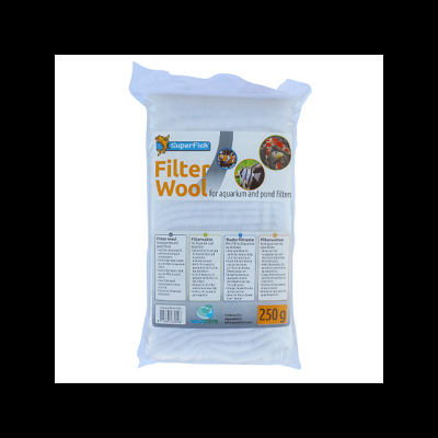 Embalagem branca de Filter Wool da marca SuperFish para filtros de aquário e lago, com 250 g