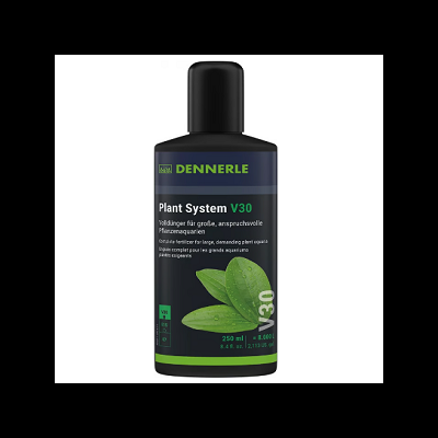 Frasco preto DENNERLE Plant System V30 com rótulo verde e imagem de folhas