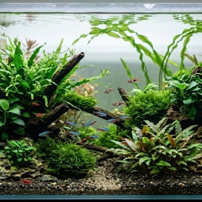 Plantas de Aquário: 5 Espécies Fáceis para Criar um Ecossistema Natural Aquário com peixes, plantas aquáticas, rochas e troncos decorativos