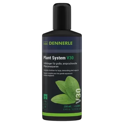 Frasco de fertilizante líquido DENNERLE Plant System V30 com folhas verdes na etiqueta