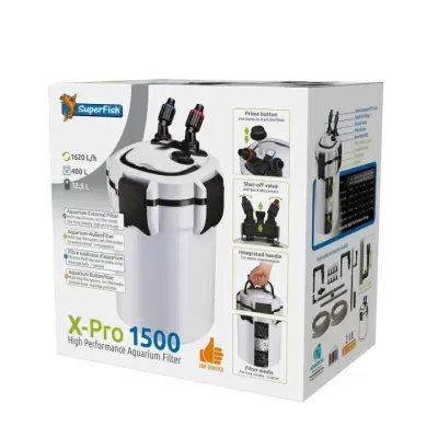 Filtro externo para aquários SuperFish X-Pro 1500 em caixa com imagens e texto