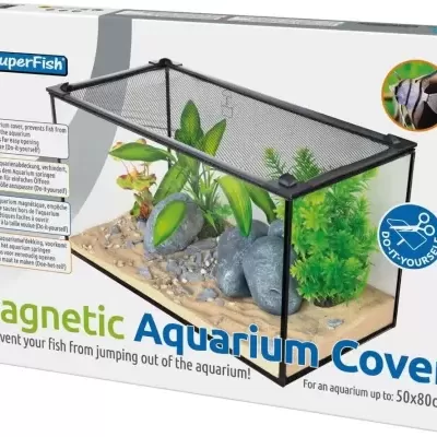 Tampa magnética para aquário com plantas e pedras visíveis na embalagem