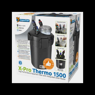 Filtro de aquário preto SuperFish X-Pro Thermo 1500 com aquecedor integrado na embalagem