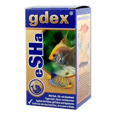 Caixa de medicamento para peixes gdex com imagens de peixes e texto multilingue