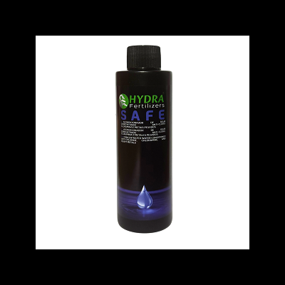 Frasco preto de fertilizante líquido Hydra Fertilizers SAFE com gota azul na base