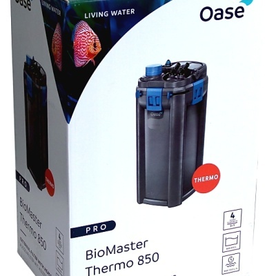 Caixa do filtro externo com aquecedor Oase BioMaster Thermo 850 com imagem do produto e texto