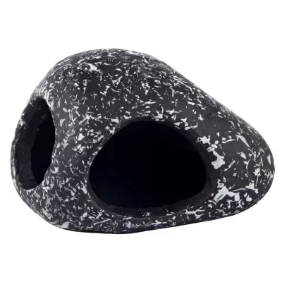Objeto decorativo preto com manchas brancas e duas aberturas ovais