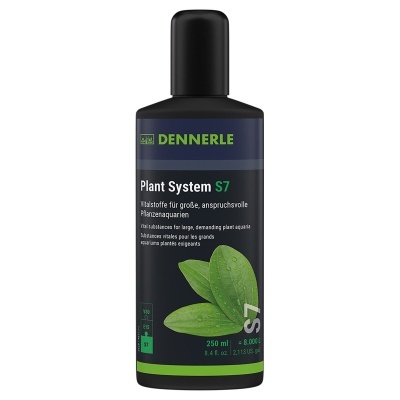 Frasco de produto DENNERLE Plant System S7 com rótulo azul escuro e verde