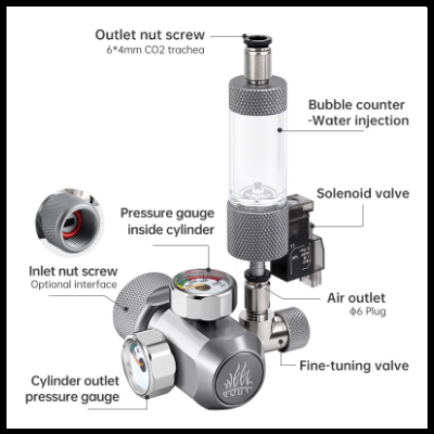Dispositivo metálico com válvulas, manómetros e contador de bolhas com etiquetas em inglês