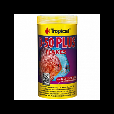 Pote de flocos de alimento para peixes Tropical D-50 PLUS FLAKES com rótulo colorido e imagem de peixes