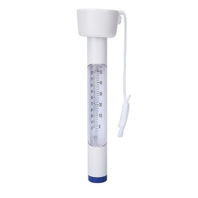 Termómetro flutuante branco para piscina com escala e corda.