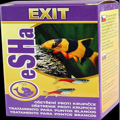 Embalagem para tratamento contra pontos brancos em peixes com peixes tropicais e texto multilingue.