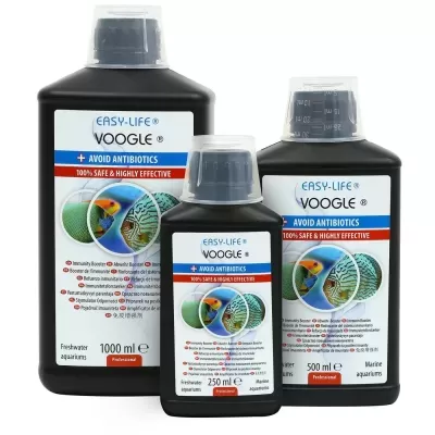 Garrafas pretas EASY-LIFE VOOGLE para aquários com tampas medidoras e etiquetas coloridas.