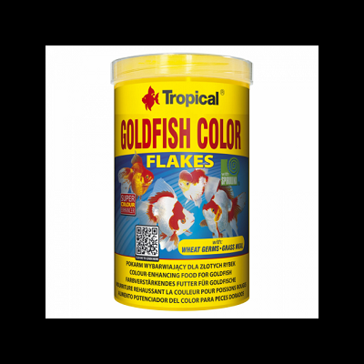 Embalagem amarela e azul de alimento em flocos para peixes dourados Tropical Goldfish Color