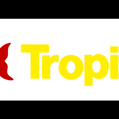 Logótipo com peixe vermelho e texto amarelo Tropical