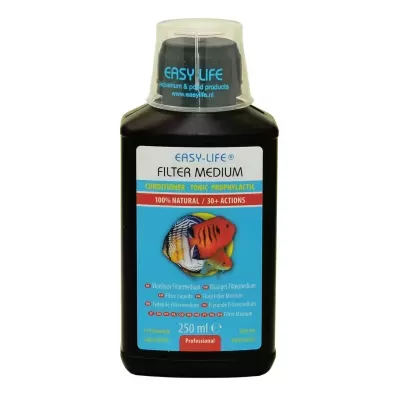 Frasco preto com rótulo azul e branco e tampa transparente contendo produto Easy-Life Filter Medium
