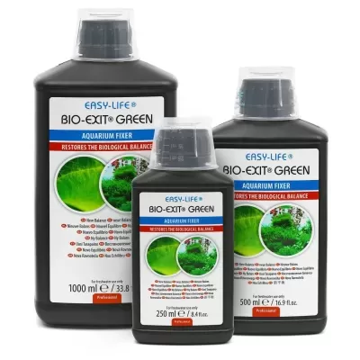 Frascos do produto Easy-Life Bio-Exit Green para aquários com rótulos e tampas medidoras