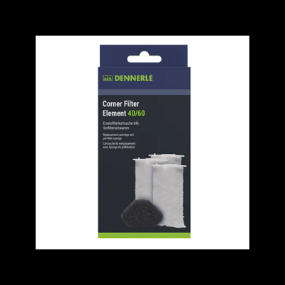 Filtro de canto Dennerle com cartuchos branco e cinza em embalagem preta