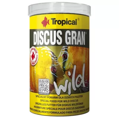 Recipiente de alimento para peixes Discus da marca Tropical com imagem de peixes e texto em amarelo e preto
